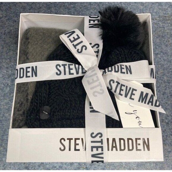 Steve Madden Fringe Scarf & Beanie Set NEW IN BOX BLACK/GREY Gift - Picture 1 of 3